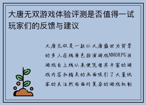 大唐无双游戏体验评测是否值得一试玩家们的反馈与建议