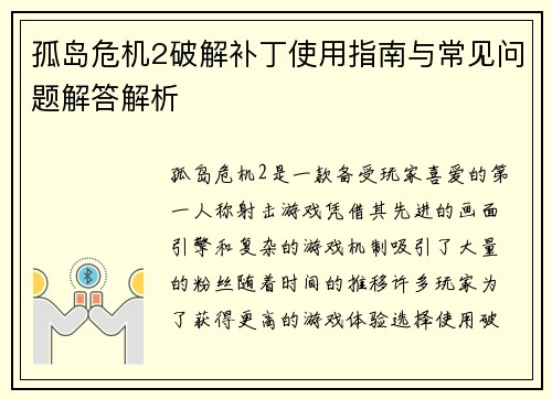 孤岛危机2破解补丁使用指南与常见问题解答解析